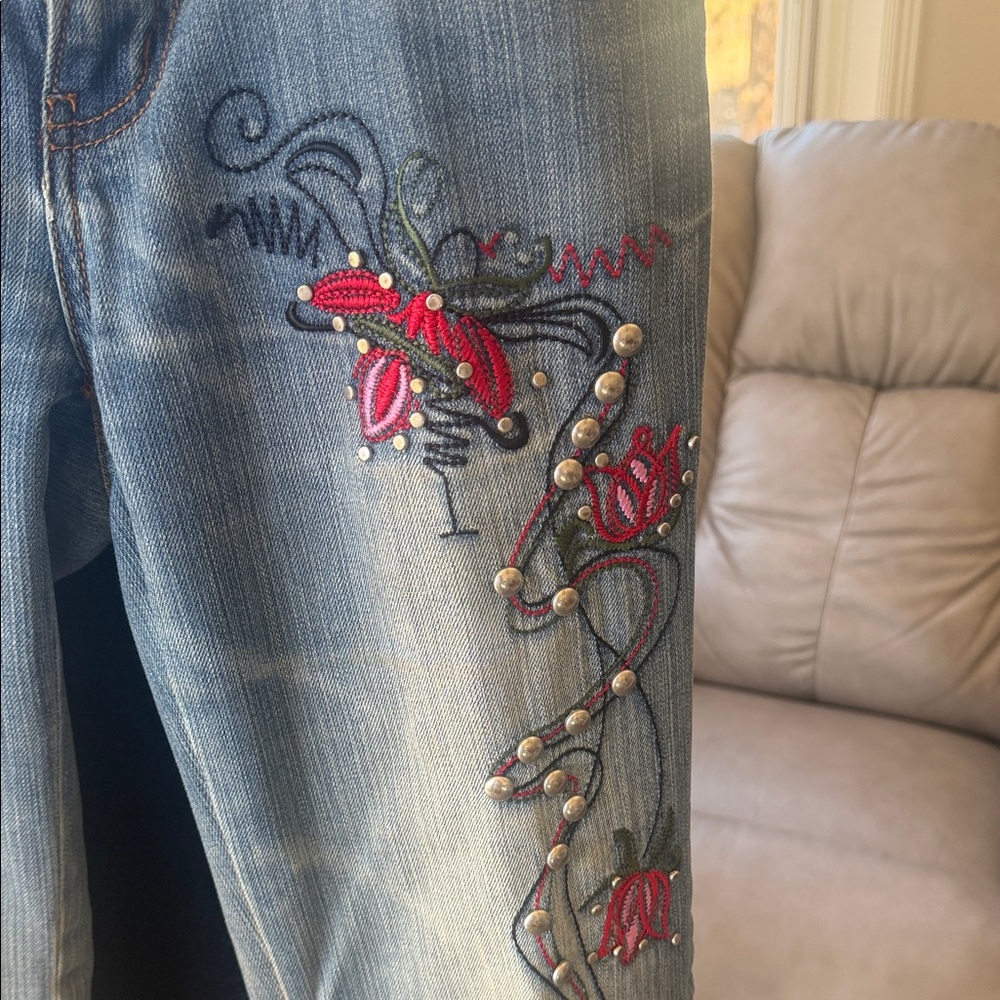 Candie's Distressed Blue Jeans with Red Floral Embroidery - Picture 2 of 5